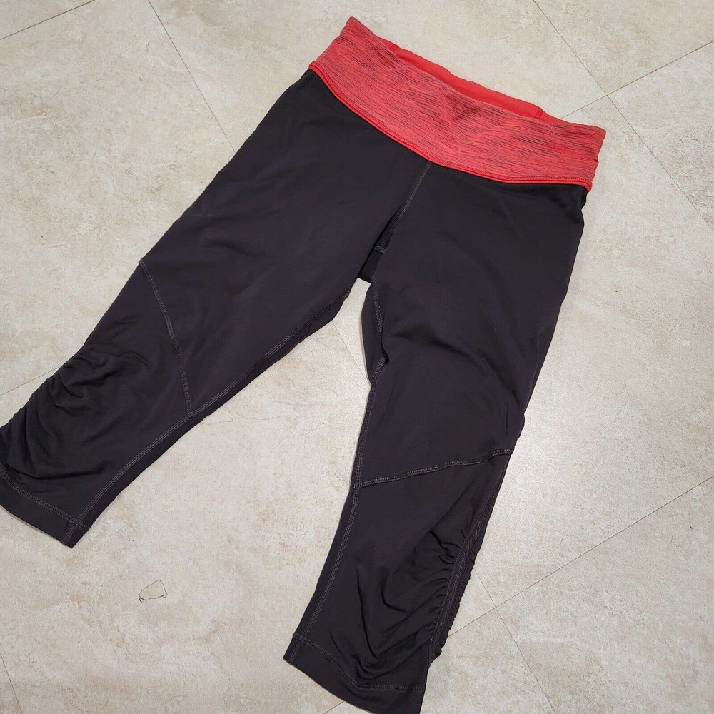 Lululemon Womens Size 6 Black Red 17" Leggings Yoga Pants Luon Zip‎ Pocket